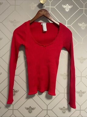 Zara Red Ribbed Scoop-Neck Long Sleeve Top with Bow